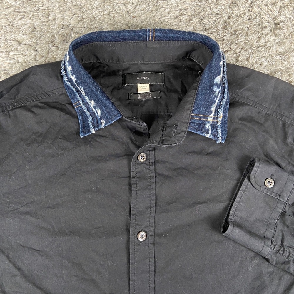 Diesel Denim Collar Shirt Mens XL Black Slim Fit Long Sleeve Button Down Cotton